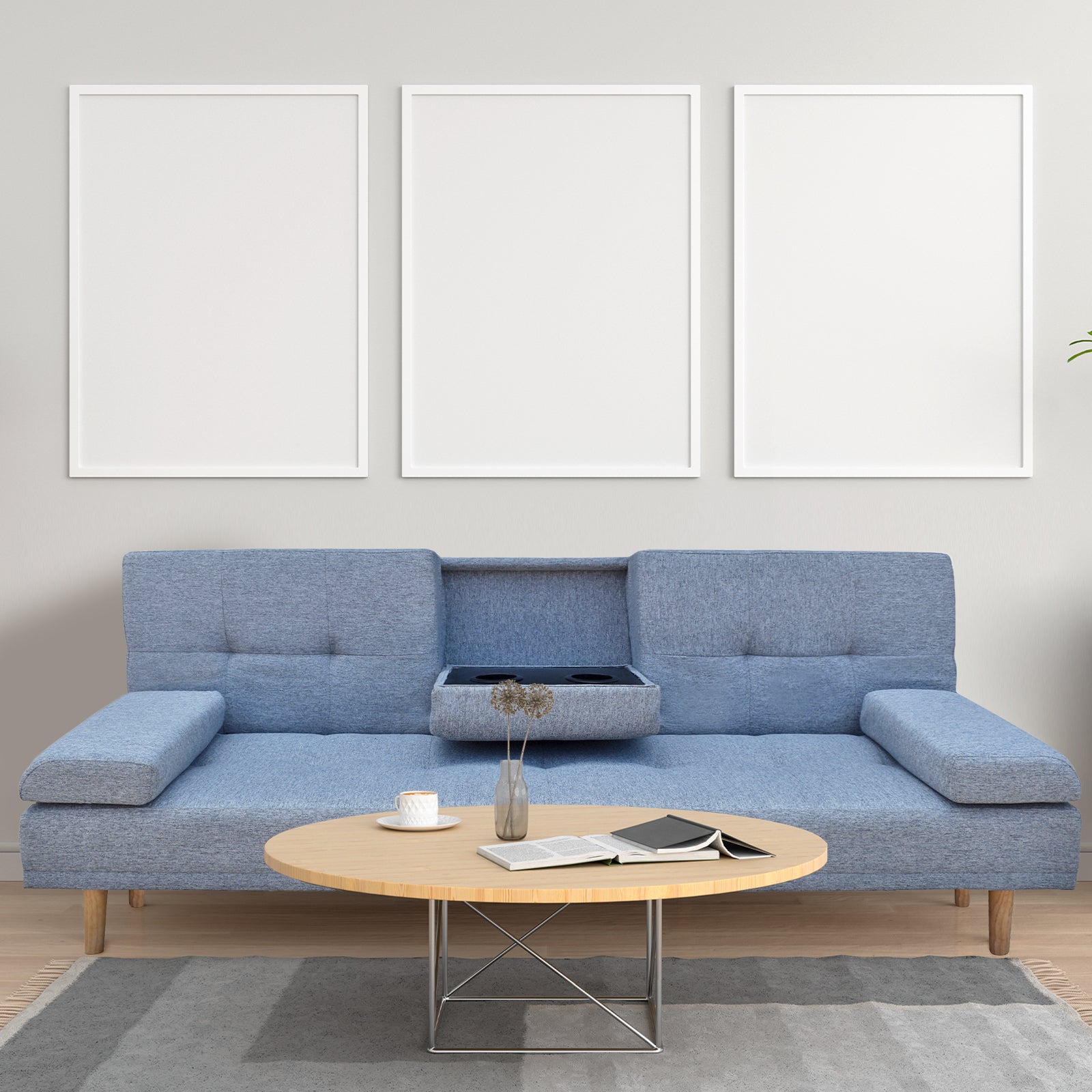 Casa Decor Mendoza 2-in-1 Sofa Bed Couch in Grey with pull-down cupholders, showcasing modern Scandinavian design and removable cushions.