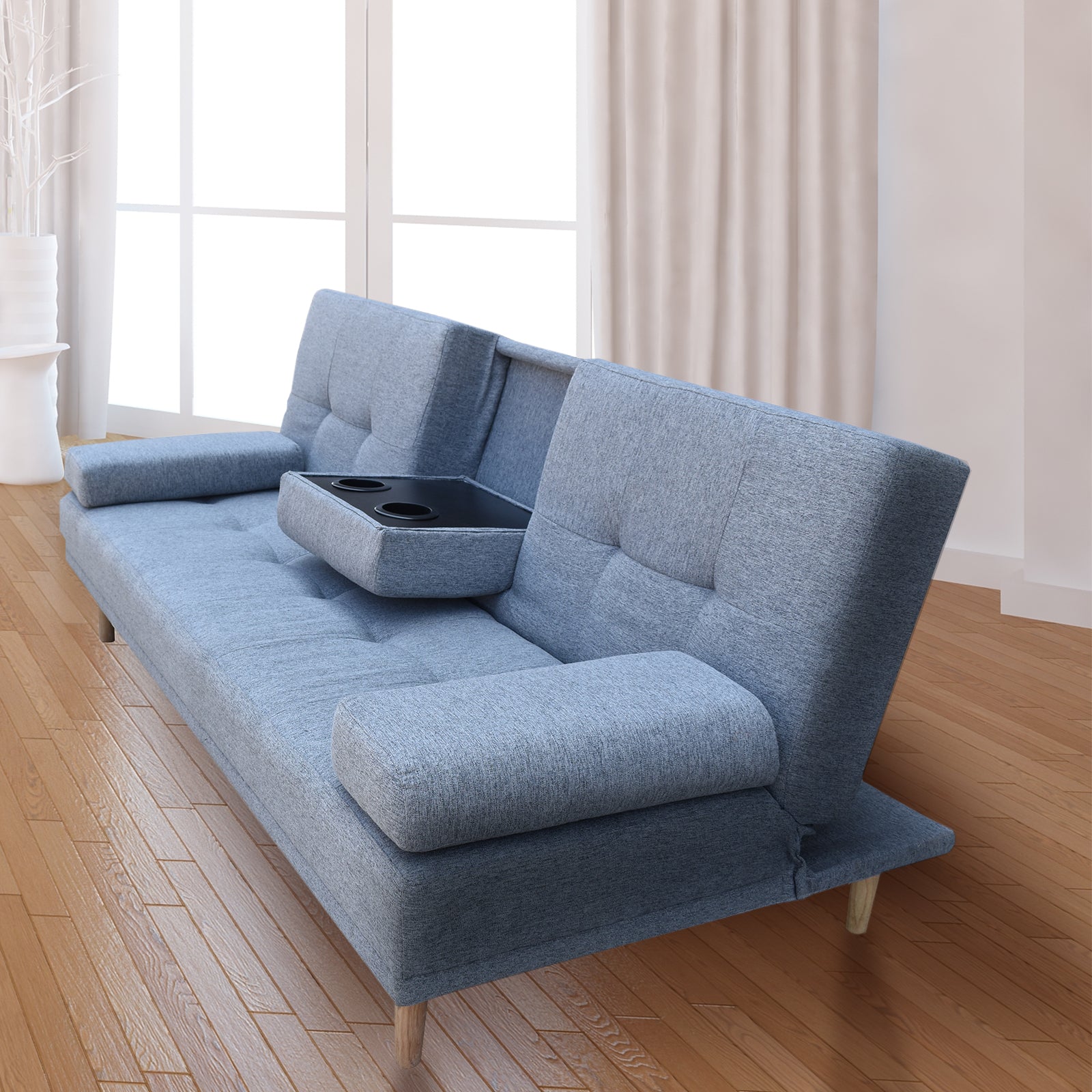 Casa Decor Mendoza 2-in-1 Sofa Bed Couch in Grey with pull-down cupholders, showcasing modern Scandinavian design and removable cushions.