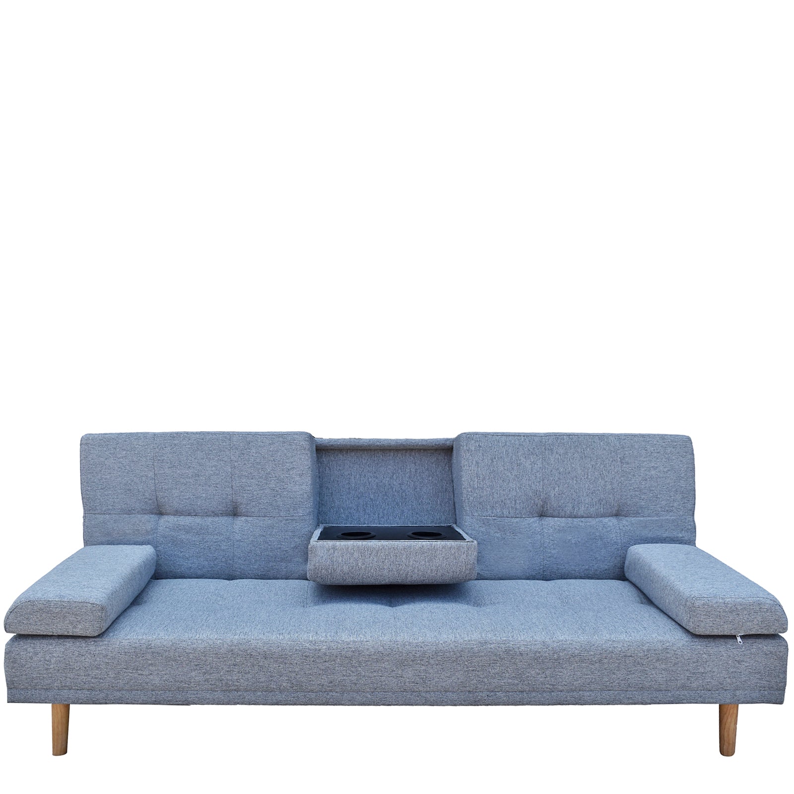 Casa Decor Mendoza 2-in-1 Sofa Bed Couch in Grey with pull-down cupholders, showcasing modern Scandinavian design and removable cushions.