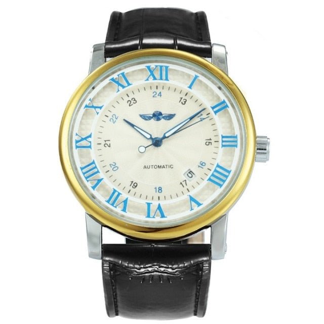 Casual Automatic Mechanical Men's Watch featuring a luxury leather strap, luminous hands, and a stainless steel case.