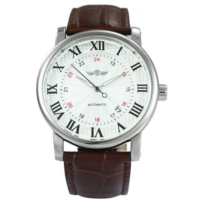 Casual Automatic Mechanical Men's Watch featuring a luxury leather strap, luminous hands, and a stainless steel case.
