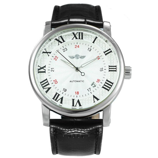 Casual Automatic Mechanical Men's Watch featuring a luxury leather strap, luminous hands, and a stainless steel case.