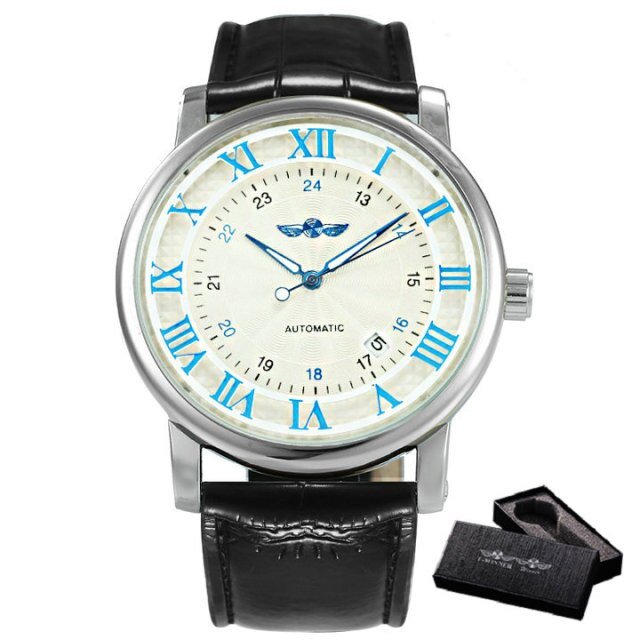 Casual Automatic Mechanical Men's Watch featuring a luxury leather strap, luminous hands, and a stainless steel case.