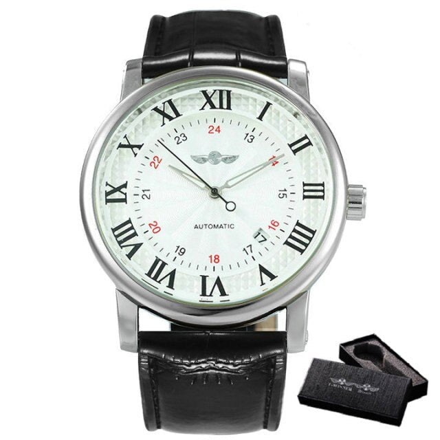 Casual Automatic Mechanical Men's Watch featuring a luxury leather strap, luminous hands, and a stainless steel case.