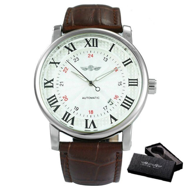 Casual Automatic Mechanical Men's Watch featuring a luxury leather strap, luminous hands, and a stainless steel case.