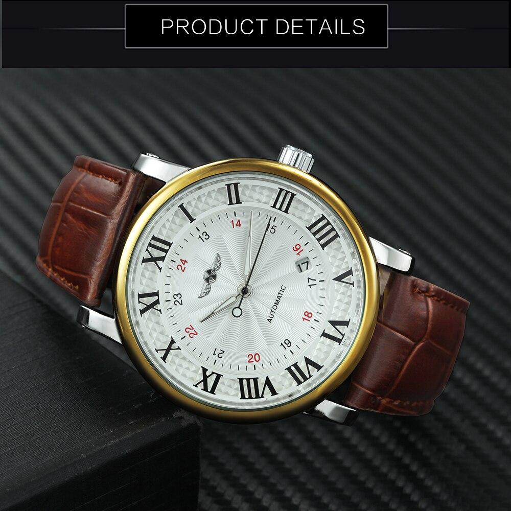 Casual Automatic Mechanical Men's Watch featuring a luxury leather strap, luminous hands, and a stainless steel case.