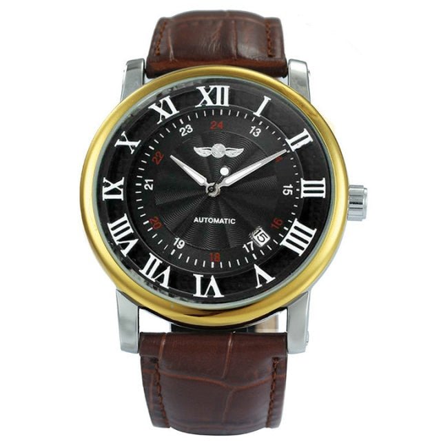 Casual Automatic Mechanical Men's Watch featuring a luxury leather strap, luminous hands, and a stainless steel case.