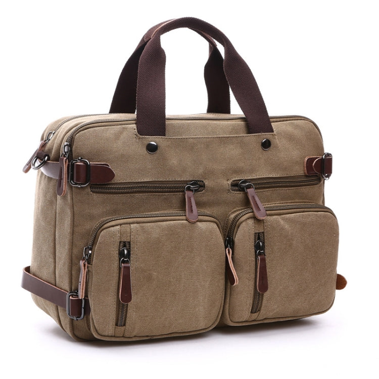 Casual Canvas Three-Purpose Business Briefcase in a stylish design, showcasing its multiple pockets and adjustable shoulder straps.