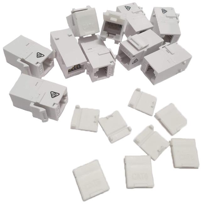 Pack of 10 Cat 6 RJ45 Snap In Keystone Couplers in white, designed for seamless networking connections.