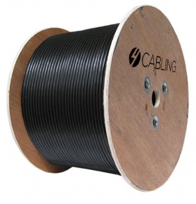 Cat 6 UTP LAN Outdoor GEL Filled Cable on a reel, black color, suitable for outdoor and underground use.