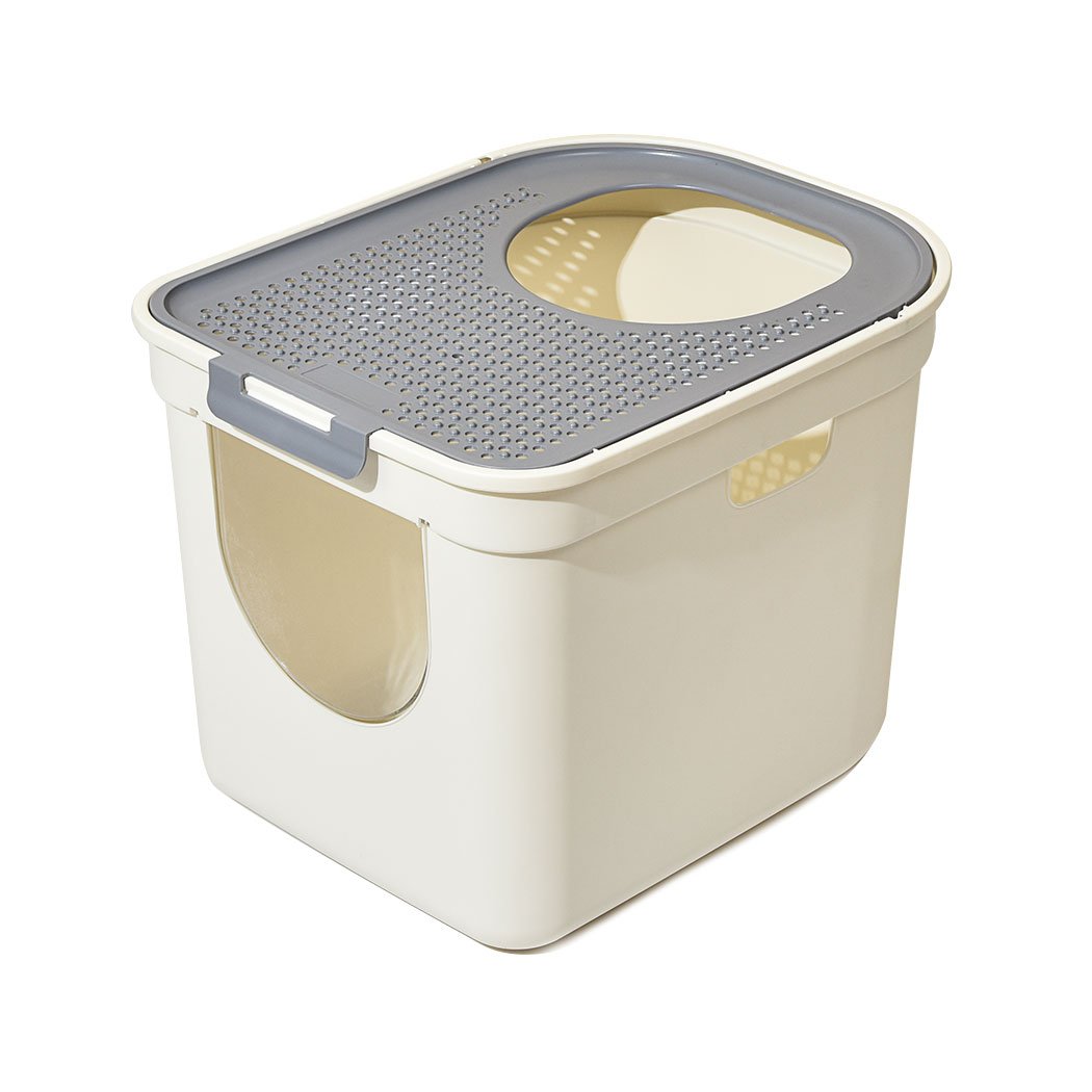 A fully enclosed grey cat litter box with double doors and a removable lid, designed for privacy and easy cleaning, featuring a bonus litter shovel.