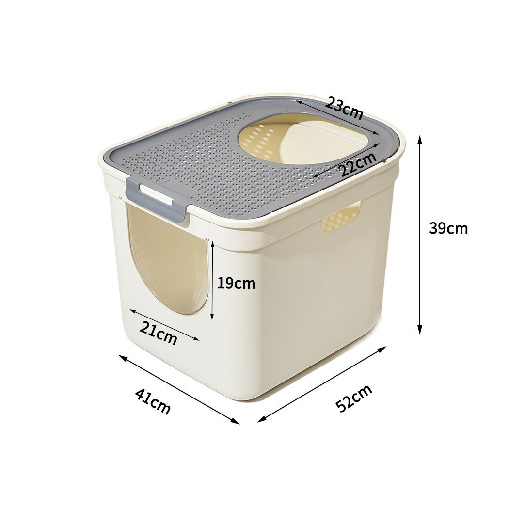 A fully enclosed grey cat litter box with double doors and a removable lid, designed for privacy and easy cleaning, featuring a bonus litter shovel.