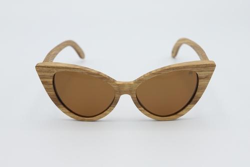 Stylish Cat Sunglasses made from zebra wood with polarized brown lenses, displayed in an eco-friendly wood box.