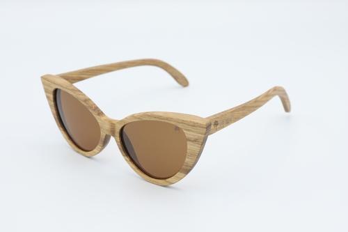 Stylish Cat Sunglasses made from zebra wood with polarized brown lenses, displayed in an eco-friendly wood box.