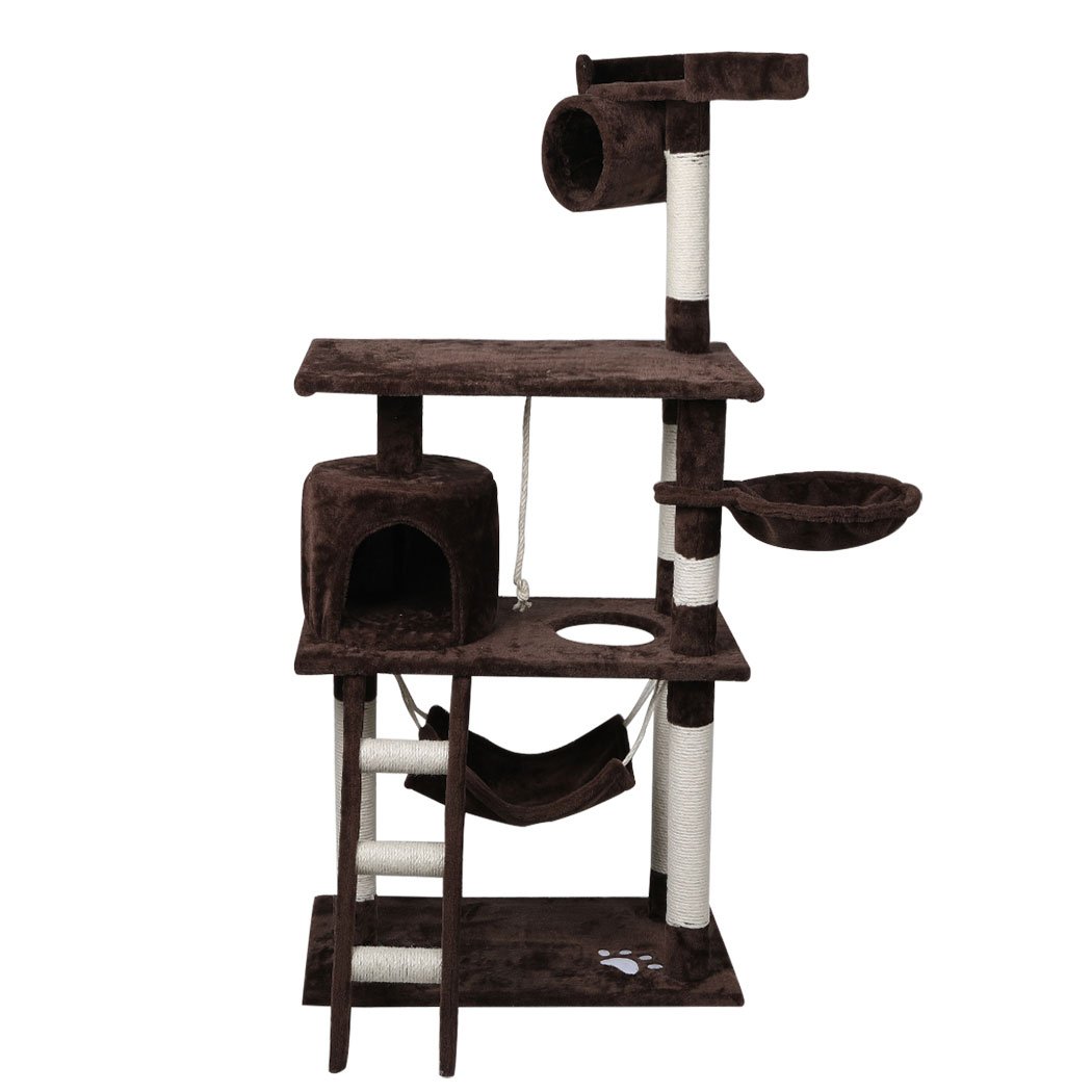 A tall 140cm dark brown cat tree with multiple levels, plush covering, and a natural sisal scratching post, designed for playful cats.