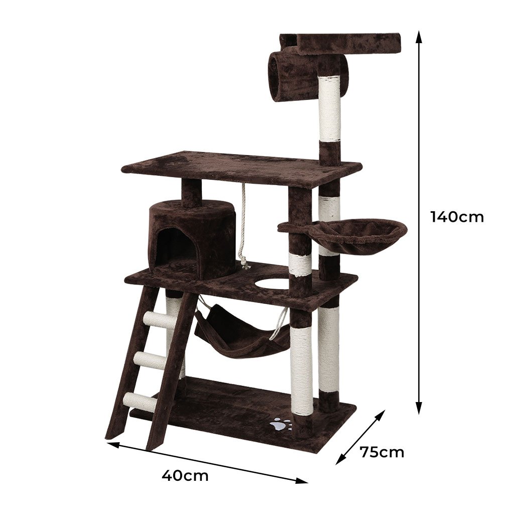 A tall 140cm dark brown cat tree with multiple levels, plush covering, and a natural sisal scratching post, designed for playful cats.