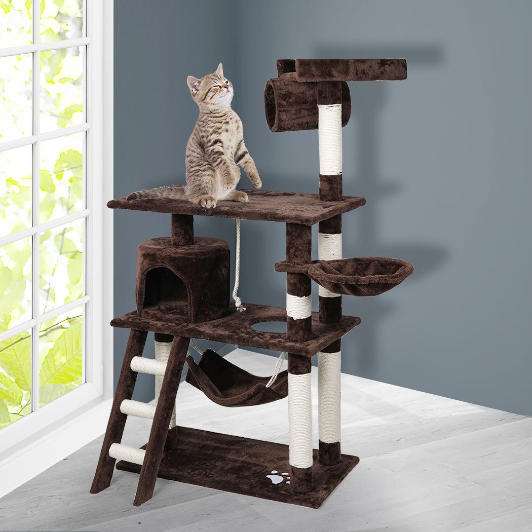 A tall 140cm dark brown cat tree with multiple levels, plush covering, and a natural sisal scratching post, designed for playful cats.