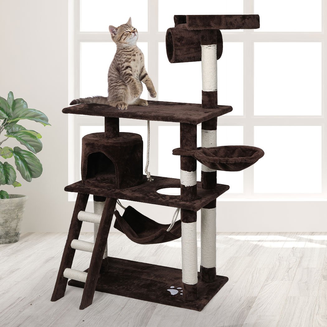 A tall 140cm dark brown cat tree with multiple levels, plush covering, and a natural sisal scratching post, designed for playful cats.
