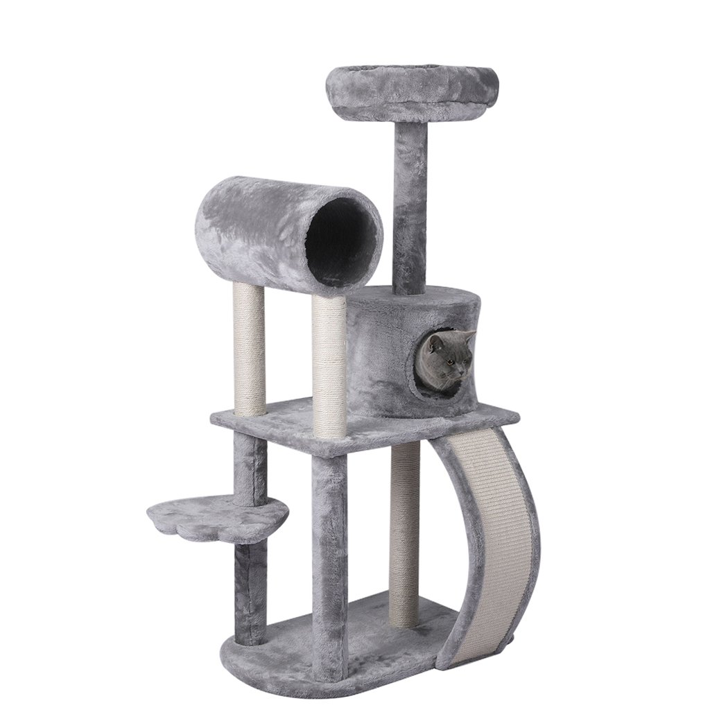 A grey multi-level cat tree tower with plush covering, featuring a scratching post wrapped in sisal and hanging toys for playful cats.