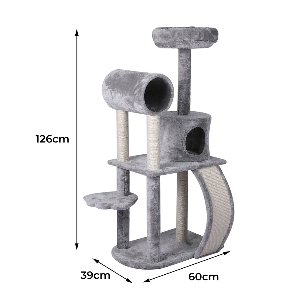 A grey multi-level cat tree tower with plush covering, featuring a scratching post wrapped in sisal and hanging toys for playful cats.
