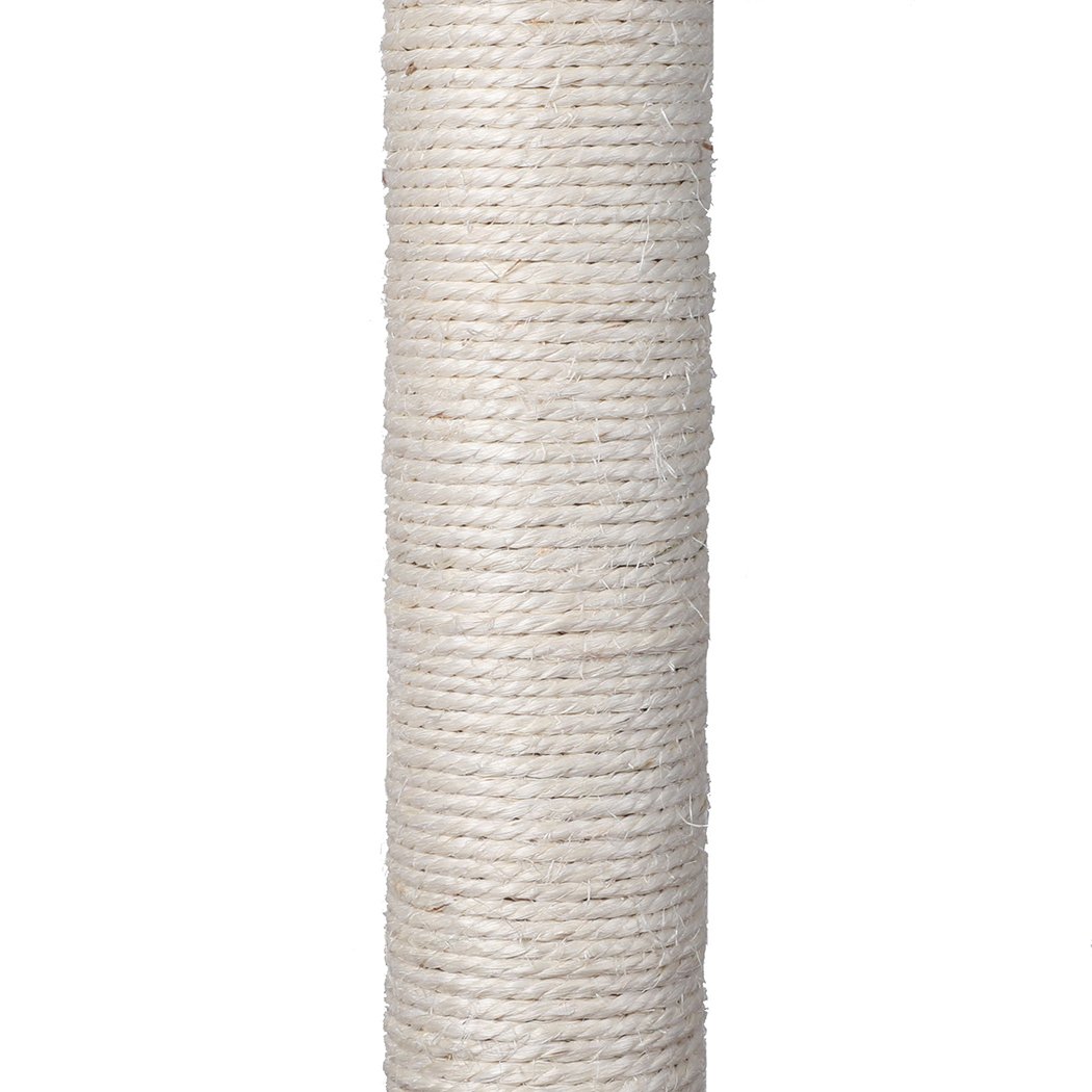 A grey multi-level cat tree tower with plush covering, featuring a scratching post wrapped in sisal and hanging toys for playful cats.