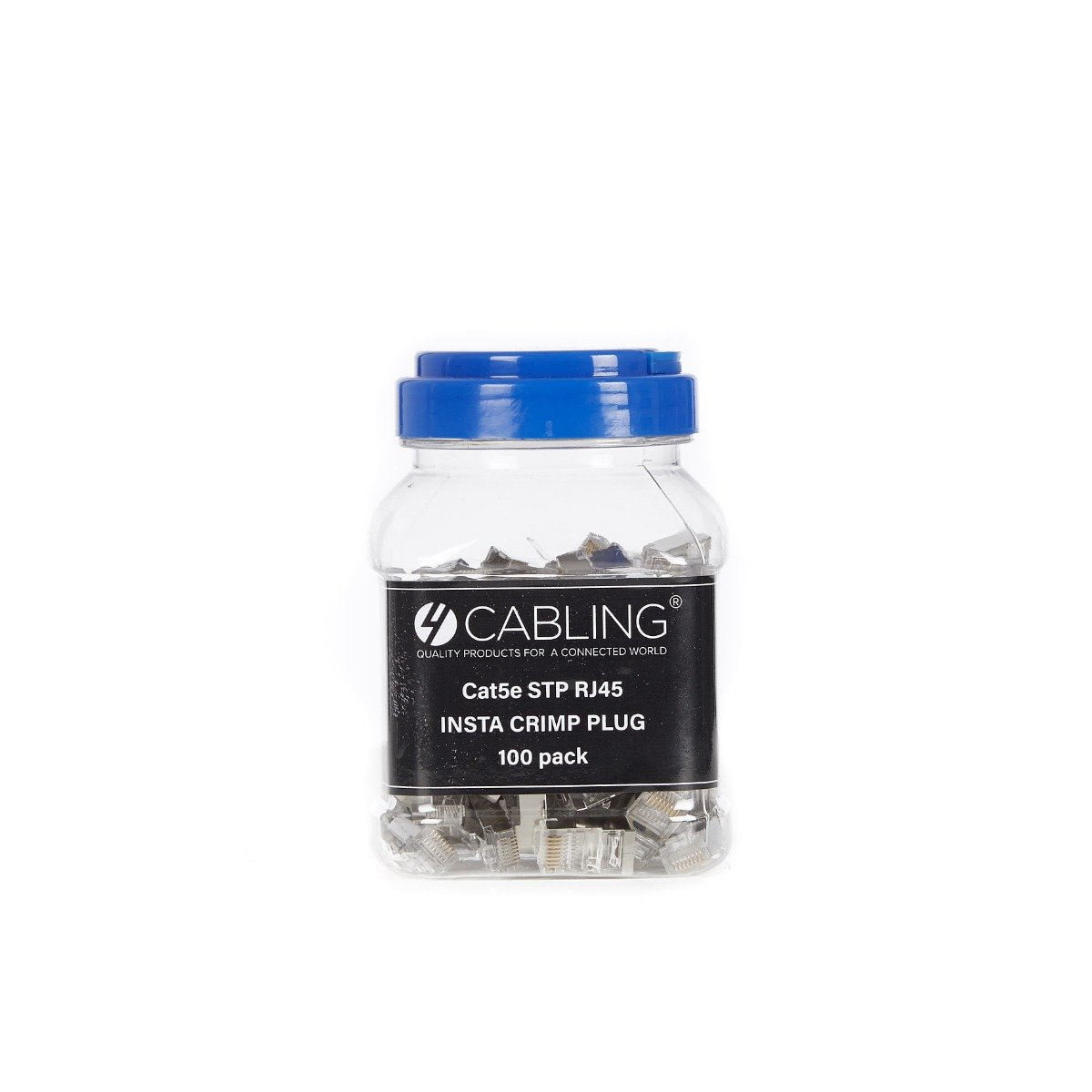 A pack of 100 CAT5e STP RJ45 Insta Crimp Plugs, showcasing their design and compatibility with the Insta Crimp Tool.