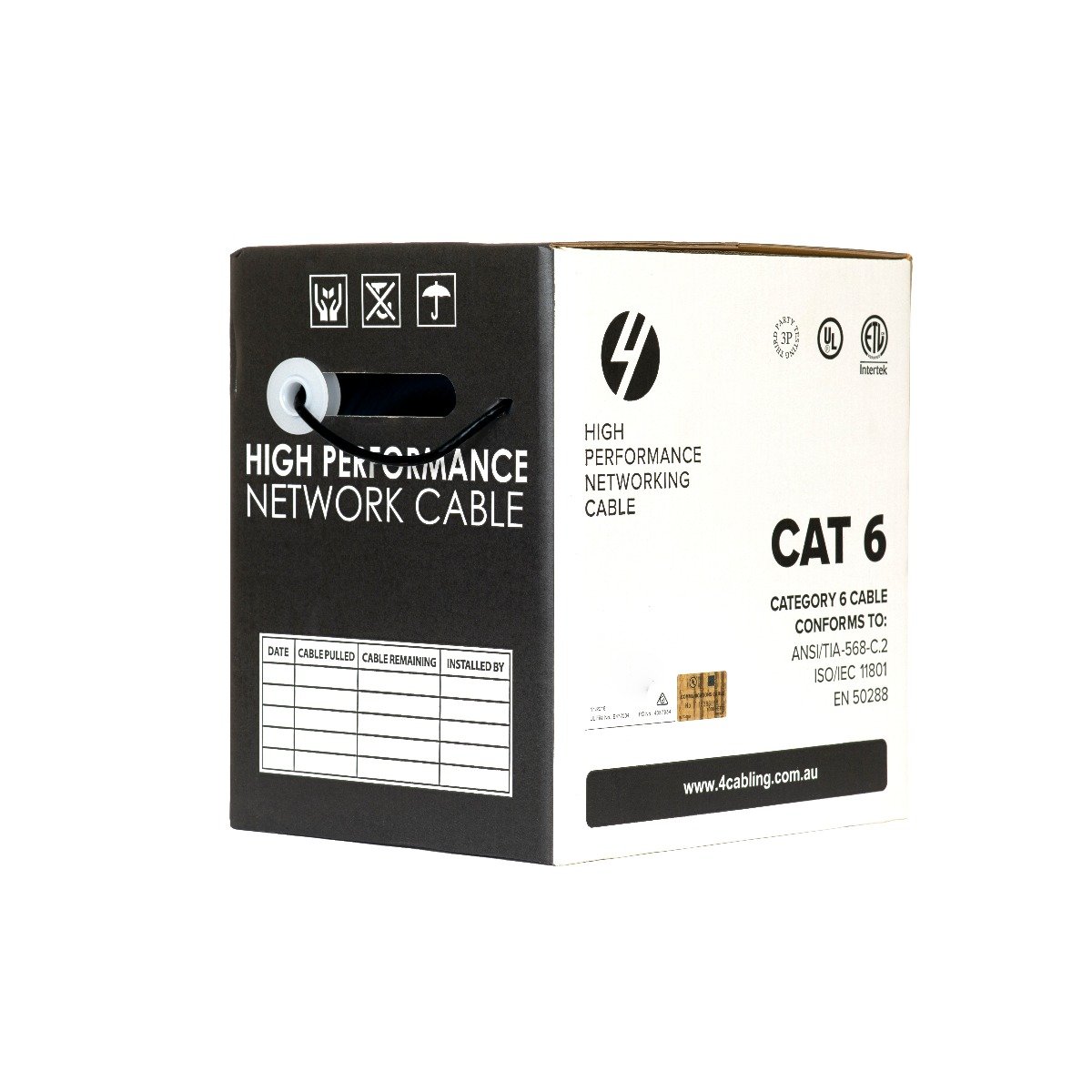 CAT6 Ethernet 305m Cable Reel Box with solid conductor, black PVC jacket, and metre markings for easy installation.