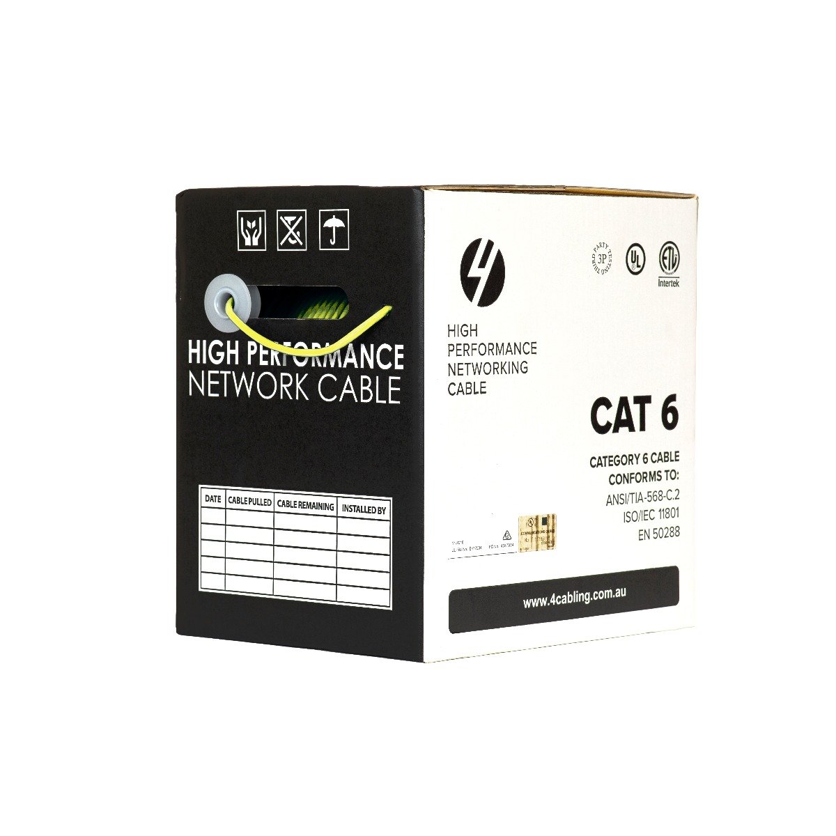 CAT6 Ethernet 305m Cable Reel Box in yellow, showcasing solid conductor design for optimal network performance.