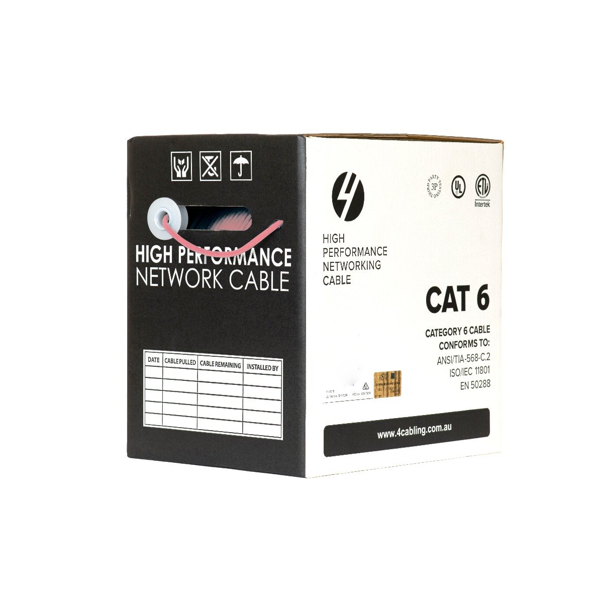 CAT6 Ethernet 305m Cable Reel Box in pink color, featuring solid conductor for high-speed networking.