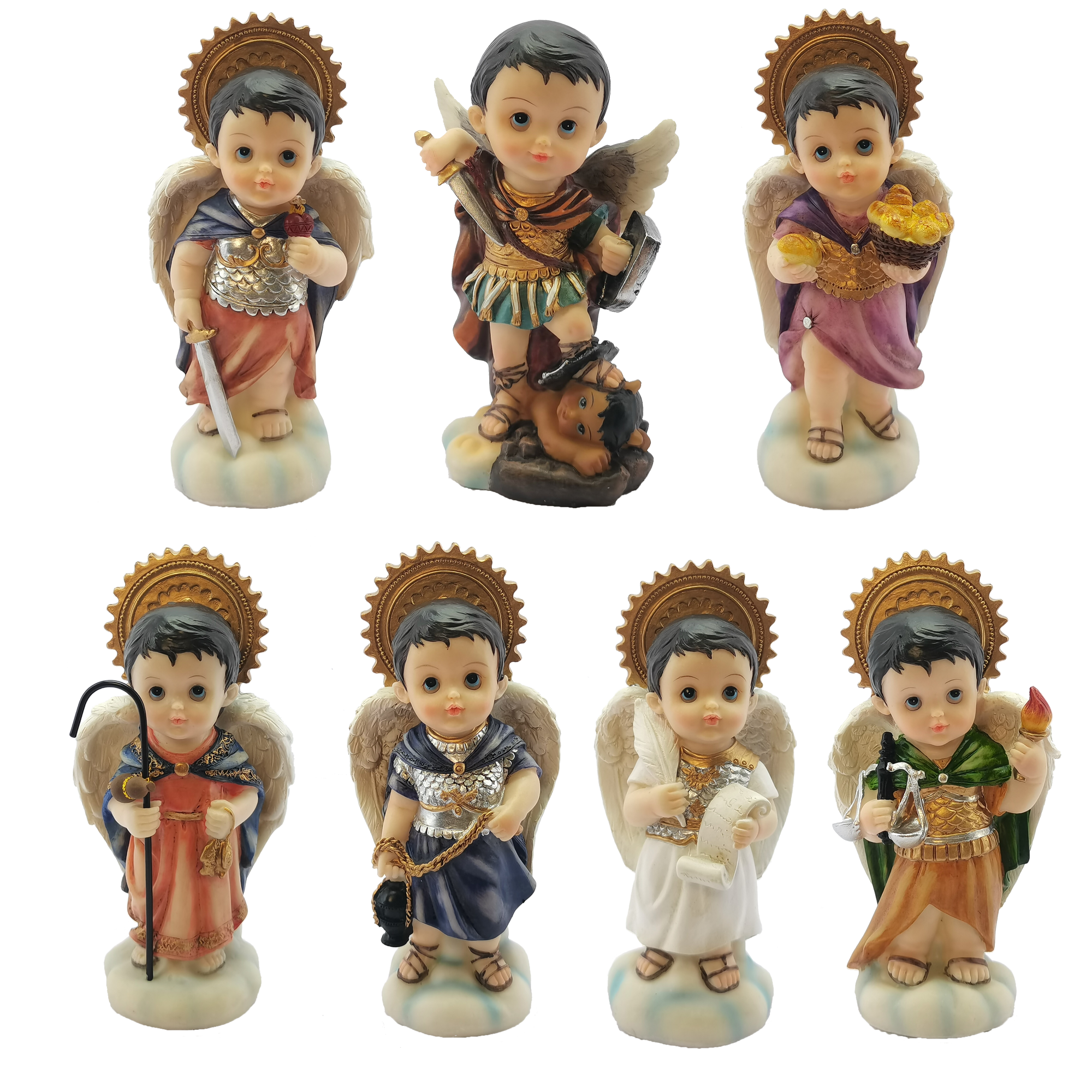 A colorful collection of seven Catholic archangel figurines made from resin, featuring Michael, Raphael, Zadquiel, Barachiel, Uriel, Gabriel, and Jofiel.