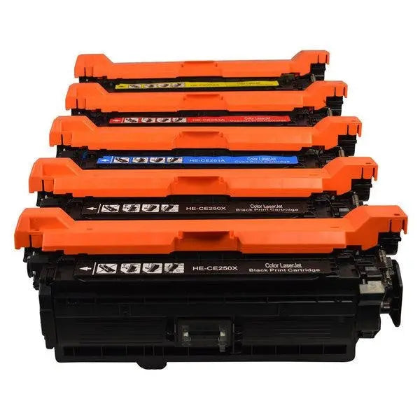 CE250X #504 Series Premium Generic Toner Set including two black and three color toner cartridges.