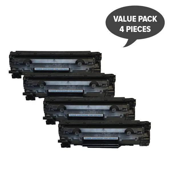 Four CE278 HP #78A black toner cartridges in packaging, designed for high-quality printing.