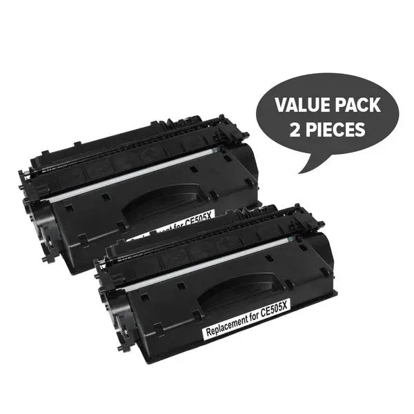 CE505X HP #05X Black Premium Generic Toner Set of 2, featuring two toner cartridges designed for high-quality printing.