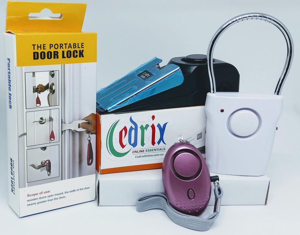 Cedrix 4 in 1 Security Bundle featuring portable door alarm, door stop alarm, door handle alarm, and personal safety alarm.