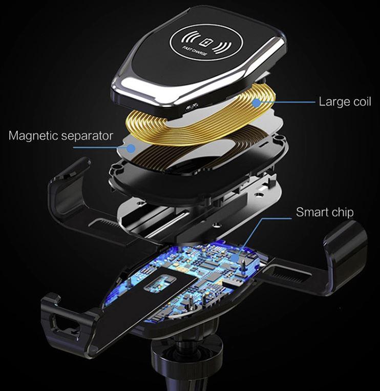 Cedrix Fast Wireless Car Mount Charger with 10W charging capability, designed for Qi-enabled devices, featuring a secure phone holder and 360-degree rotation.