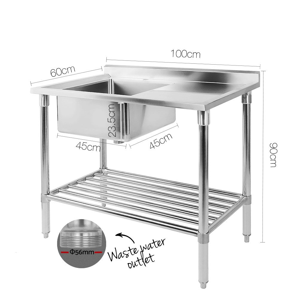 Cefito 100x60cm Commercial Stainless Steel Sink Kitchen Bench with double sinks and adjustable lower shelf.