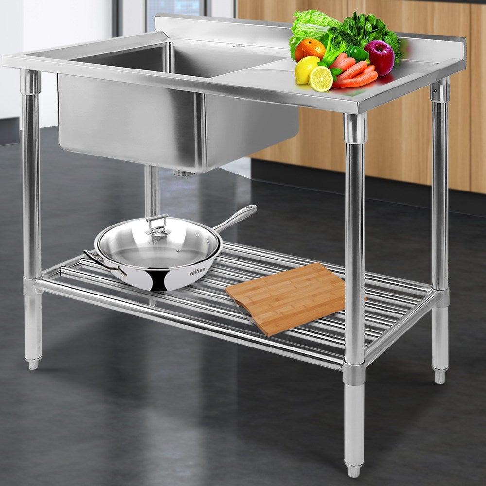 Cefito 100x60cm Commercial Stainless Steel Sink Kitchen Bench with double sinks and adjustable lower shelf.
