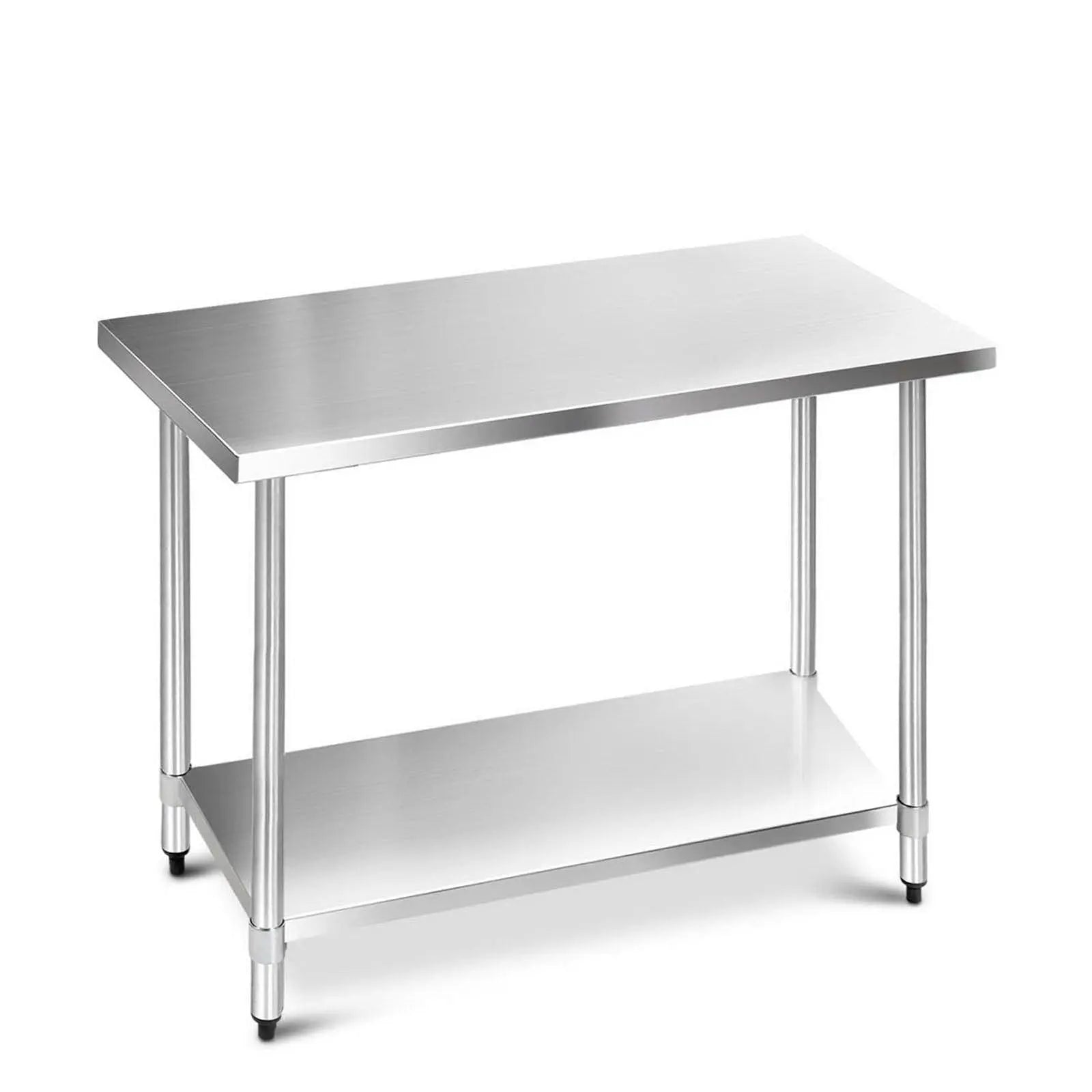Cefito 1219 x 610mm Commercial Stainless Steel Kitchen Bench with adjustable under-shelving and robust steel legs.