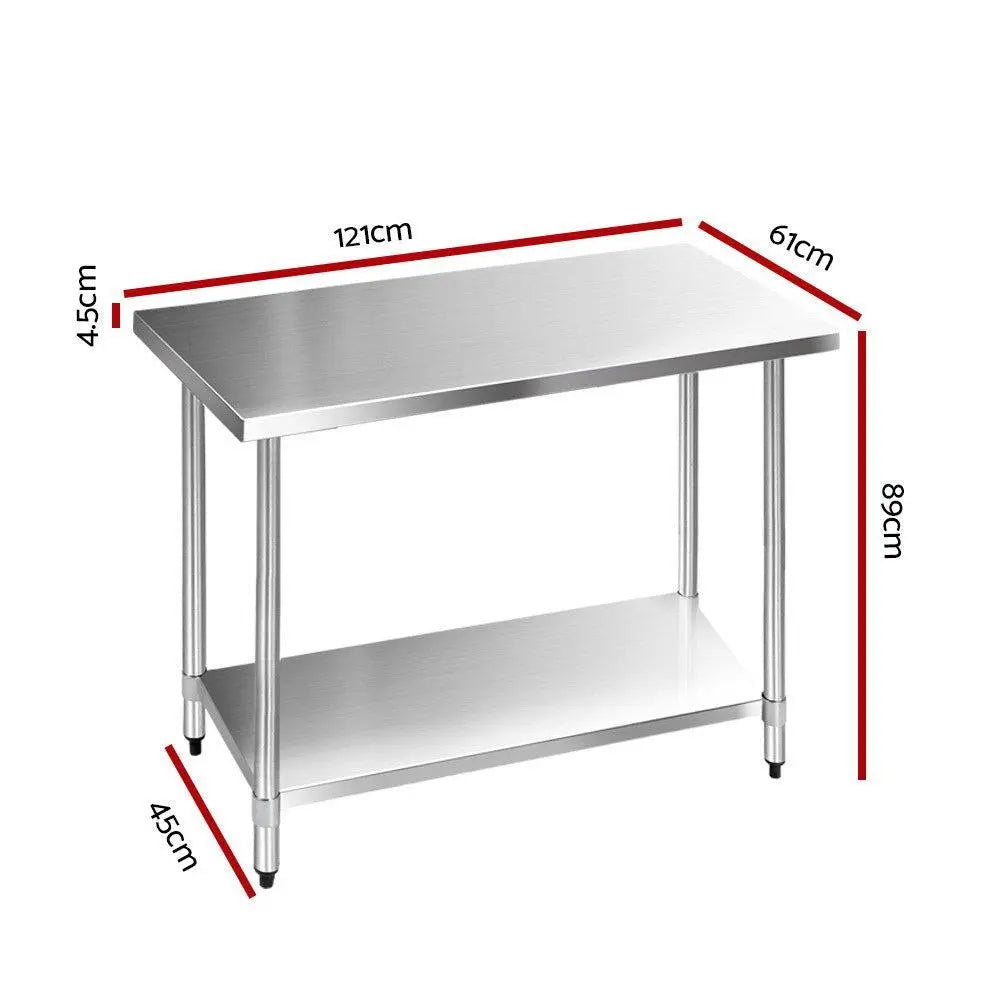 Cefito 1219 x 610mm Commercial Stainless Steel Kitchen Bench with adjustable under-shelving and robust steel legs.