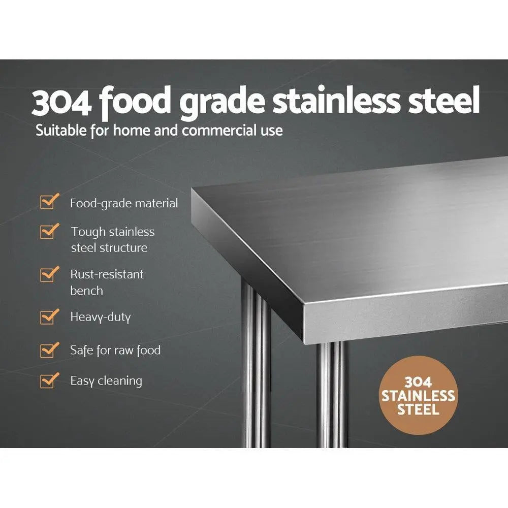 Cefito 1219 x 610mm Commercial Stainless Steel Kitchen Bench with adjustable under-shelving and robust steel legs.