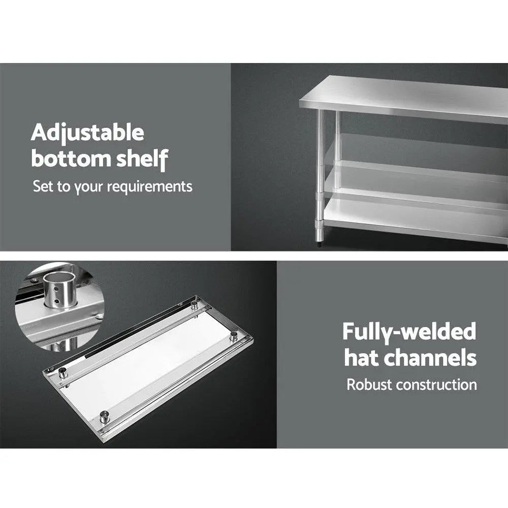 Cefito 1219 x 610mm Commercial Stainless Steel Kitchen Bench with adjustable under-shelving and robust steel legs.