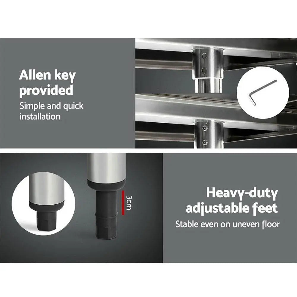 Cefito 1219 x 610mm Commercial Stainless Steel Kitchen Bench with adjustable under-shelving and robust steel legs.