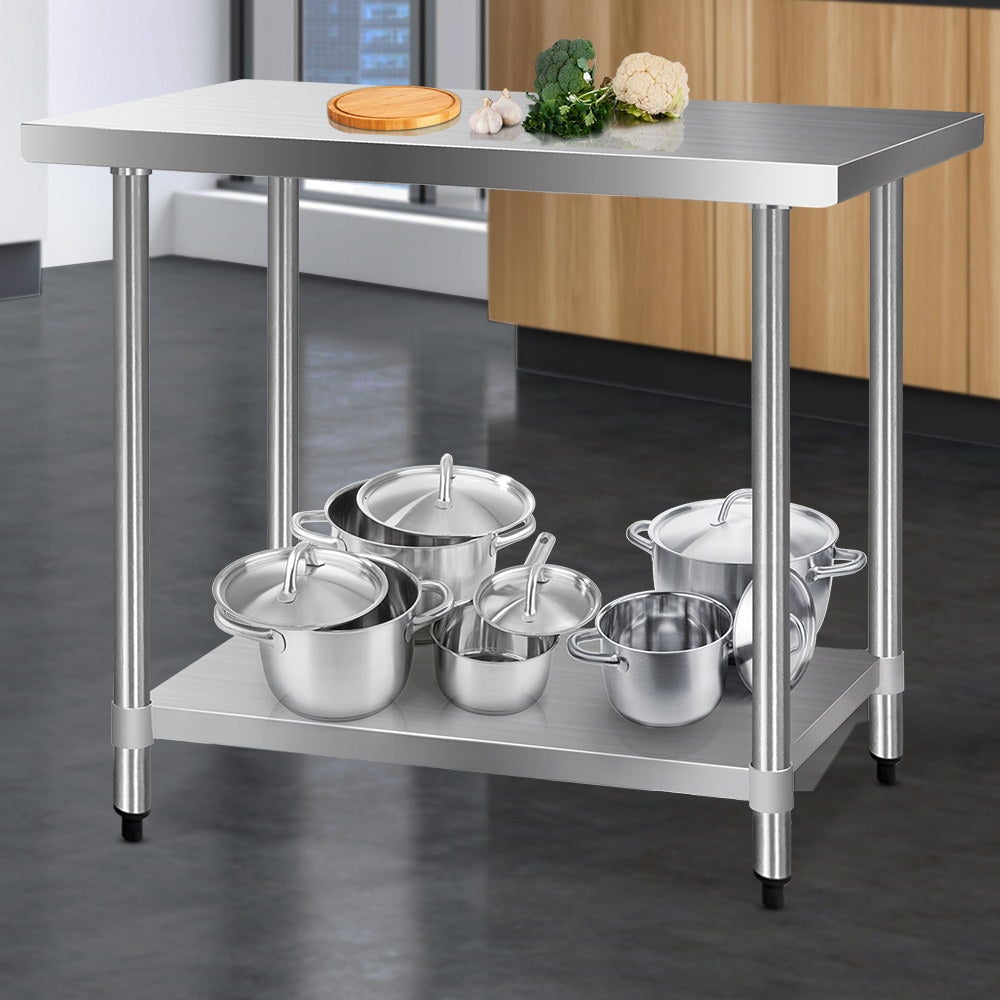 Cefito 1219 x 610mm Commercial Stainless Steel Kitchen Bench with adjustable under-shelving and robust steel legs.