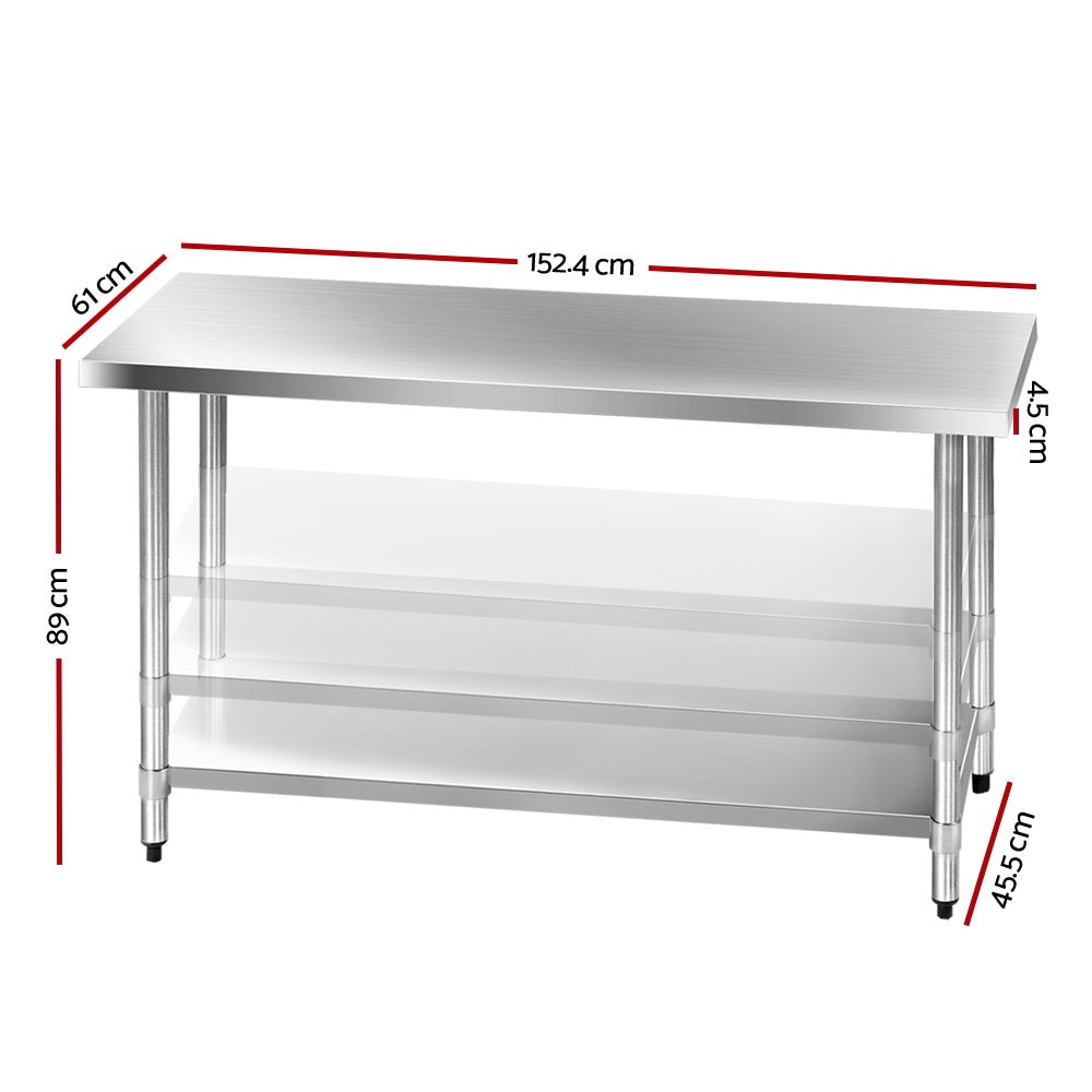 Cefito 1524 x 610mm Commercial Stainless Steel Kitchen Bench with adjustable under-shelving and robust steel legs, ideal for food preparation.