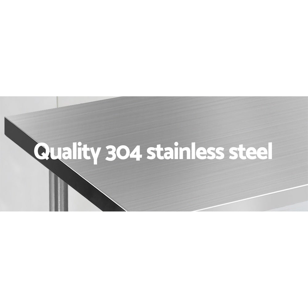 Cefito 1524 x 610mm Commercial Stainless Steel Kitchen Bench with adjustable under-shelving and robust steel legs, ideal for food preparation.