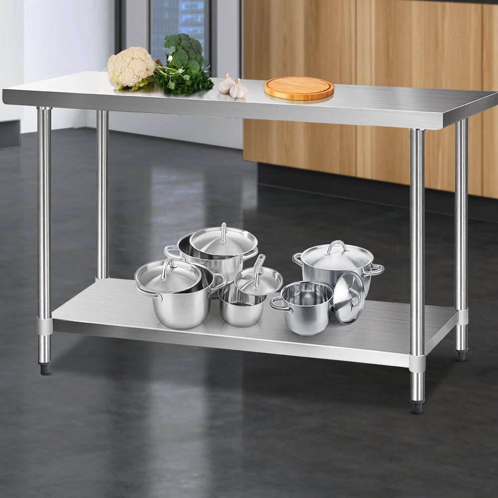 Cefito 1524 x 610mm Commercial Stainless Steel Kitchen Bench with adjustable under-shelving and robust steel legs, ideal for food preparation.