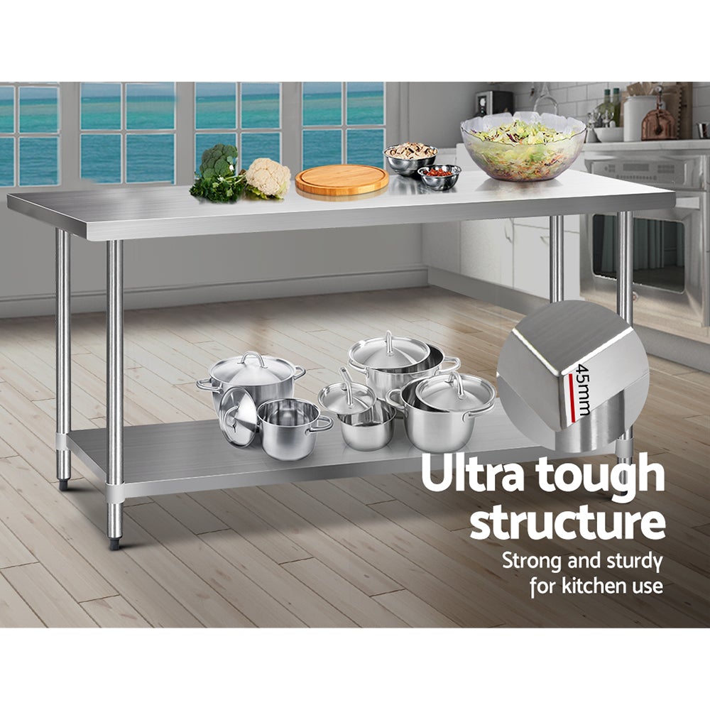 Cefito 1829 x 762mm Commercial Stainless Steel Kitchen Bench with adjustable shelves and robust design, ideal for kitchens.