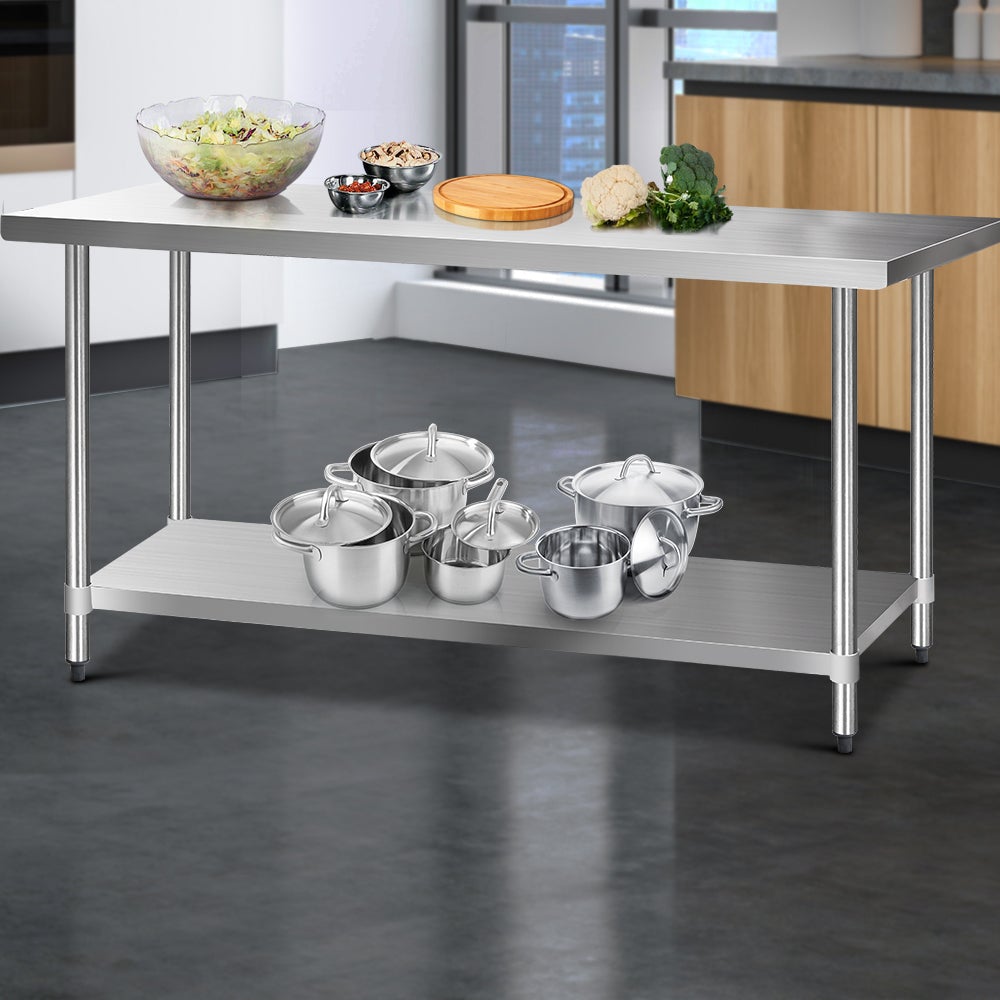 Cefito 1829 x 762mm Commercial Stainless Steel Kitchen Bench with adjustable shelves and robust design, ideal for kitchens.