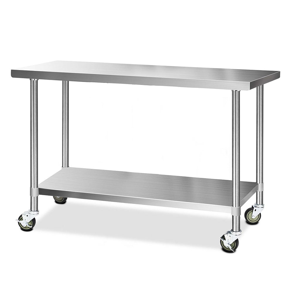 Cefito 304 Stainless Steel Kitchen Bench with wheels, featuring adjustable shelving and lockable castor wheels for easy mobility.