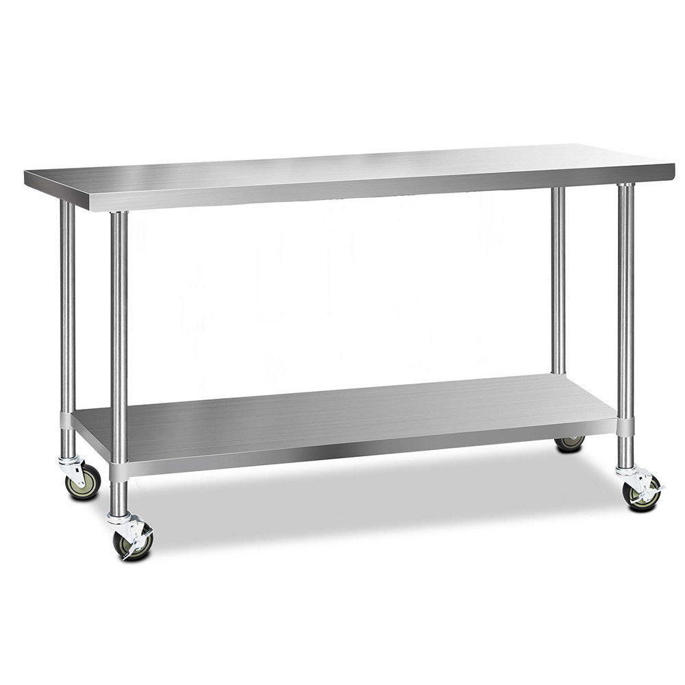 Cefito 430 Stainless Steel Kitchen Bench with wheels, featuring adjustable shelves and lockable castors for mobility and stability.